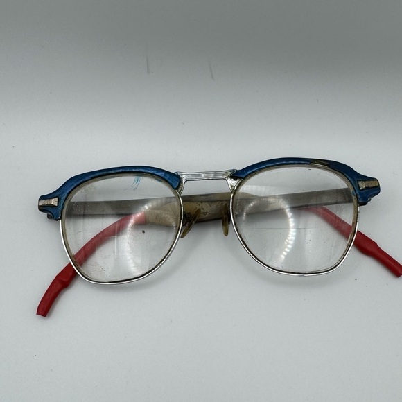 Unique Metal Bi Focals Red Plastic Tipped Arms Blue Run Detail Rare Vintage 50s - Picture 1 of 7